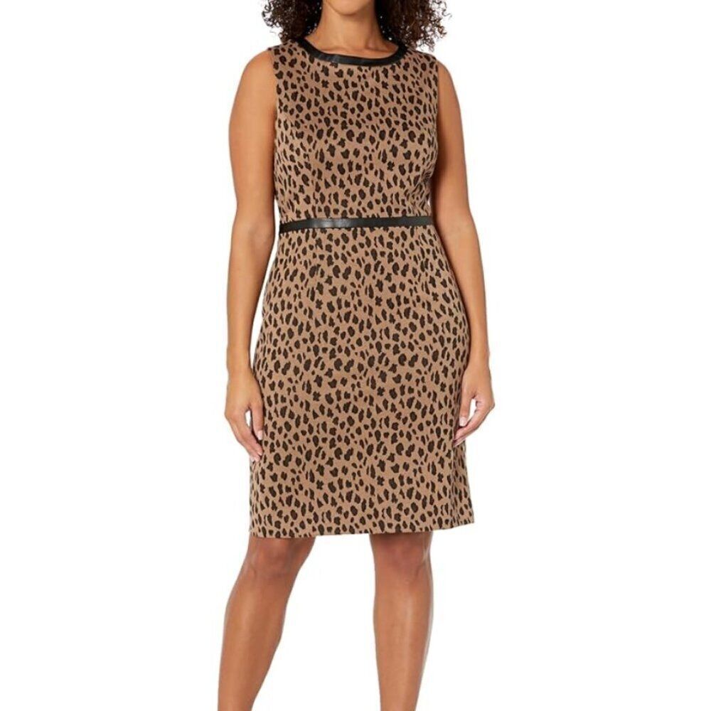 Kate Hill Leopard Cheetah Print Stretch Mock Neck Sheath Belted Dress 14P